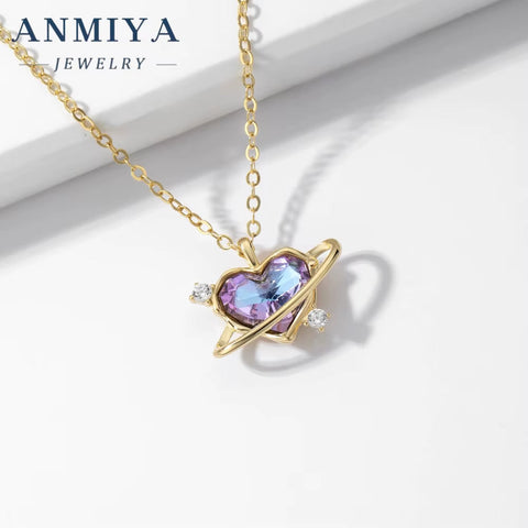 High Quality Fashion Jewelry Factory Shiny Temperament Purple Heart-Shaped Planet 925 Silver Needle Zircon Necklace