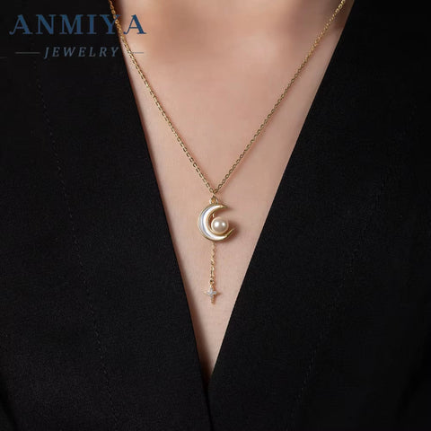 Wholesale 925 Sterling Silver Necklace Women 18K Gold Plated with Pearl Chain Necklaces Star and Moon Pendant Necklaces Jewelry