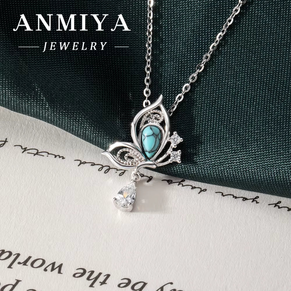 ANMIYA Women'S 925 Sterling Silver Butterfly Necklace Turquoise Stone and Zirconia with Cute Link Chain for Gift
