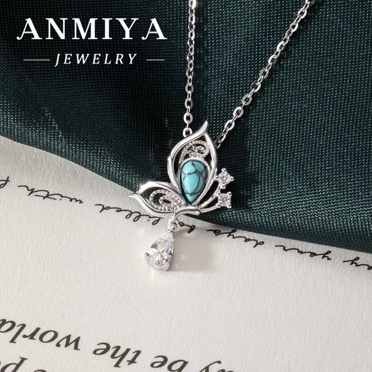 ANMIYA Women'S 925 Sterling Silver Butterfly Necklace Turquoise Stone and Zirconia with Cute Link Chain for Gift