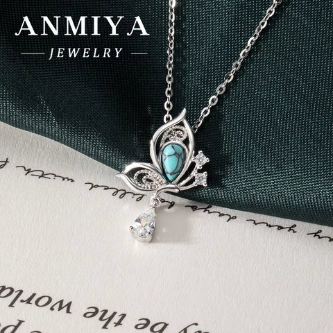 ANMIYA Women'S 925 Sterling Silver Butterfly Necklace Turquoise Stone and Zirconia with Cute Link Chain for Gift