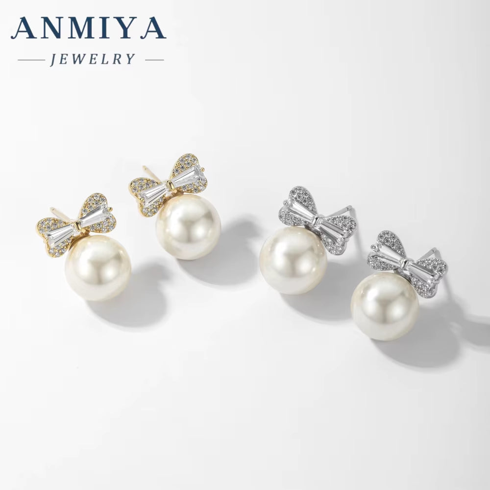 ANMIYA Gold Plated Bowknot Stud Earrings Pearl Festive Earring for Women Girls Christmas Jewelry Gifts