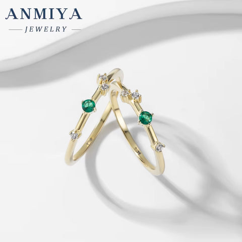 ANMIYA Waterproof Fashion 925 Sterling Silver Bling Green Cubic Zirconia Ring 18K Gold Plated Charm Jewelry