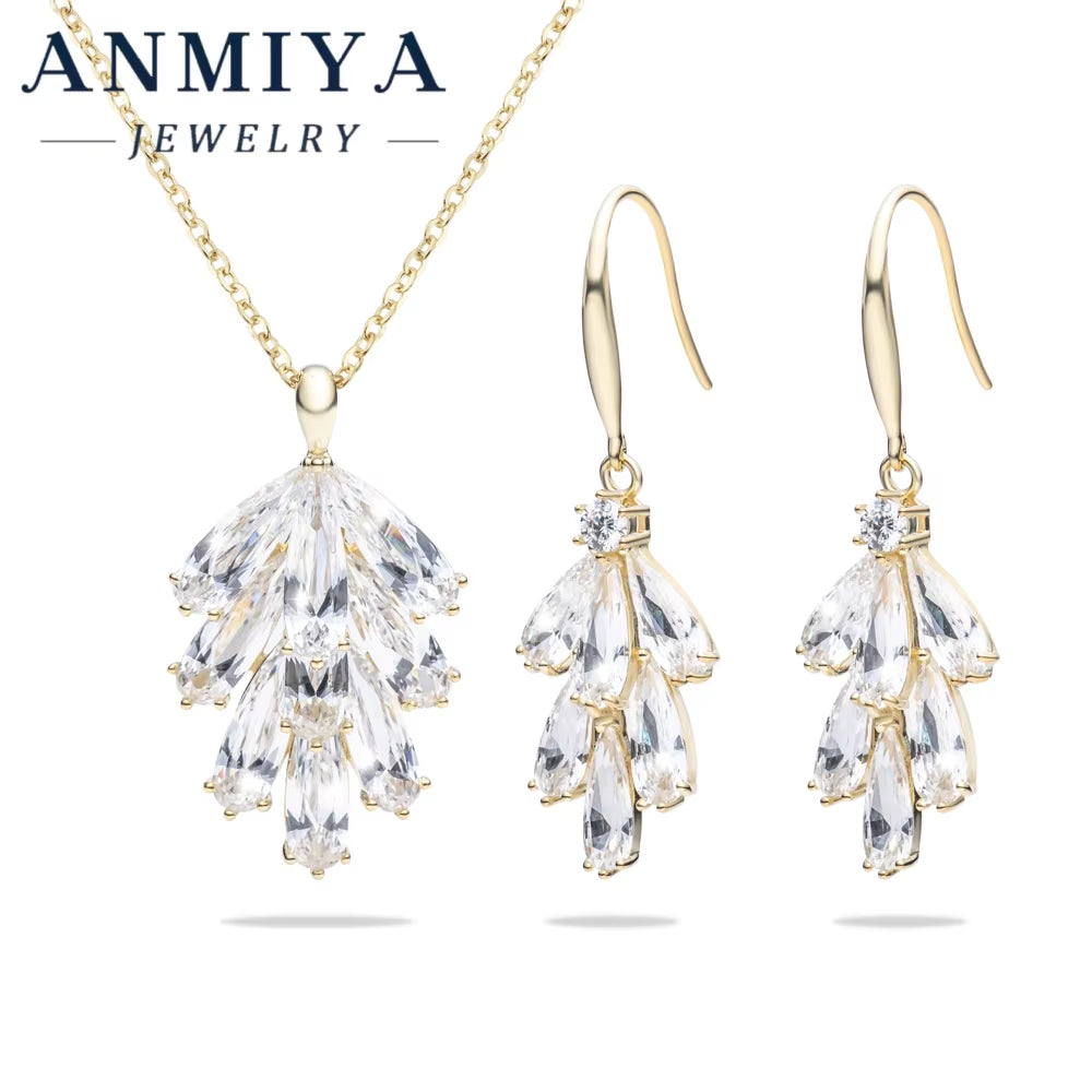 Luxury Water Drop Shape Silver 925 Set with Precision-Cut Zircon Stones Necklace and Drop Earring Sets for Anniversary