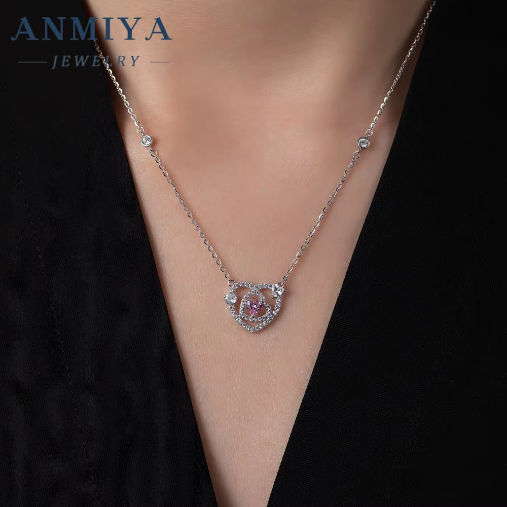 Popular Sterling Silver 925 Fashion Love Heart Jewelry Heart Cut Hollow Pink Stone Zircon Pendant Necklace for Women