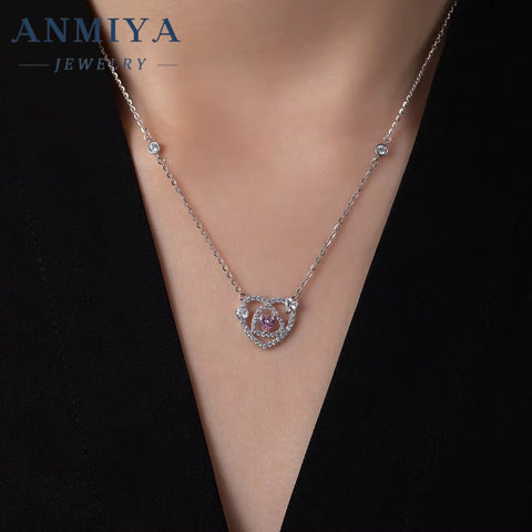 Popular Sterling Silver 925 Fashion Love Heart Jewelry Heart Cut Hollow Pink Stone Zircon Pendant Necklace for Women