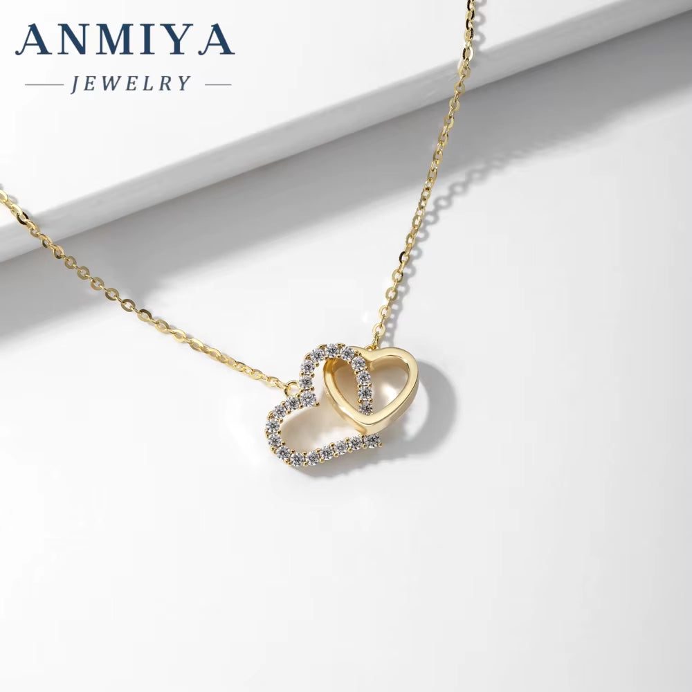 ANMIYA 925 Sterling Silver Heart-Shaped with Zircon Diamond Pendant Women Wedding Necklace Chain Couple