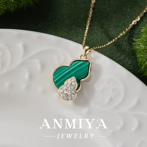 Authentic 925 Sterling Silver Necklace Featuring Natural Malachite | Dainty Silver Jewelry Gift for Her | Gourd Pendant