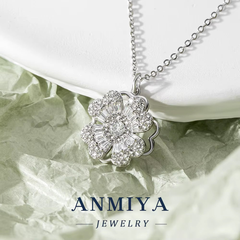 ANMIYA 925 Silver Gold-Plated Flower Pendant with Sparkling Zircon Bridal Jewellery with Certificate