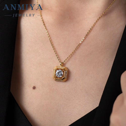 ANIMIYA S925 Fashion Gold Plated Diamond Zircon Pendant Waterproof Ladies Square Jewelry Necklace