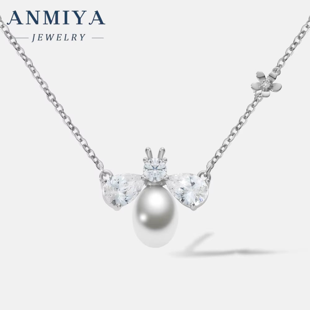 ANMIYA Personality Bee Fresh Water Pearl Pendant 925 Silver Jewelry Real Gold Plating Zircon Necklace for Women