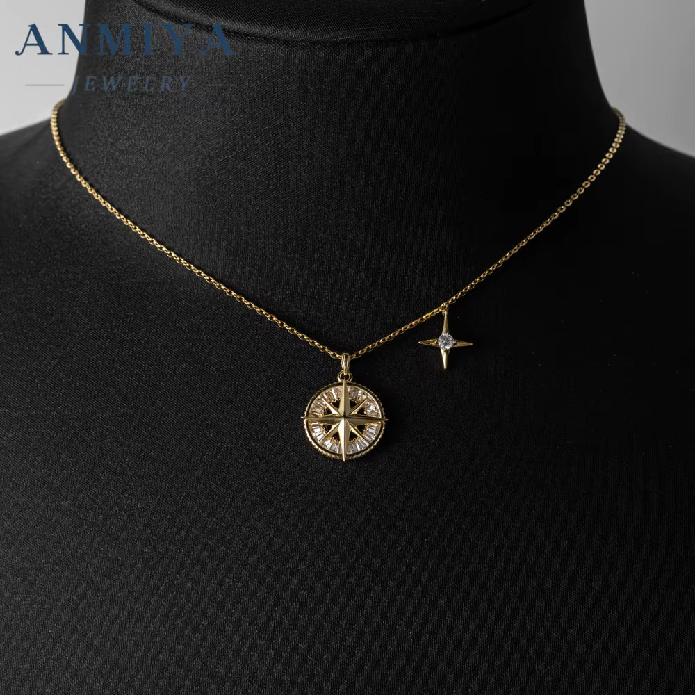 Unique Designed 925 Sterling Silver Pave round Cubic Zirconia CZ Ladies Compass Pendant Necklace