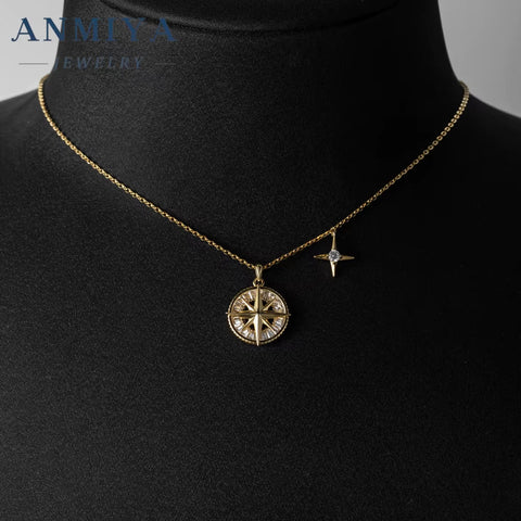 Unique Designed 925 Sterling Silver Pave round Cubic Zirconia CZ Ladies Compass Pendant Necklace