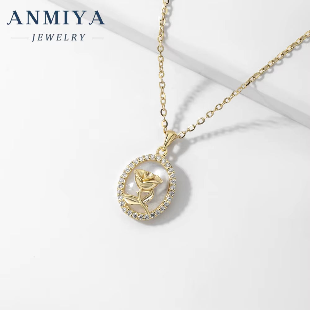 Vintage Rose round Shape Zircon Necklace 925 Sterling Silver Link Chain Fashionable Flower Pattern Necklace for Girls