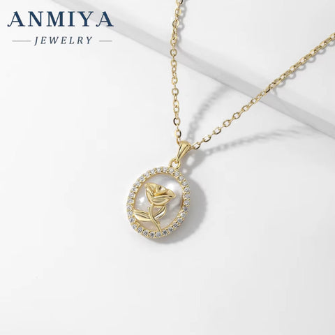 Vintage Rose round Shape Zircon Necklace 925 Sterling Silver Link Chain Fashionable Flower Pattern Necklace for Girls