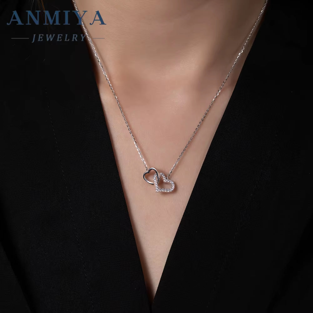 ANMIYA Women'S Wedding Necklace 925 Sterling Silver Heart-Shaped Pendant with Zircon Diamond 18K Gold Chains Jewelry