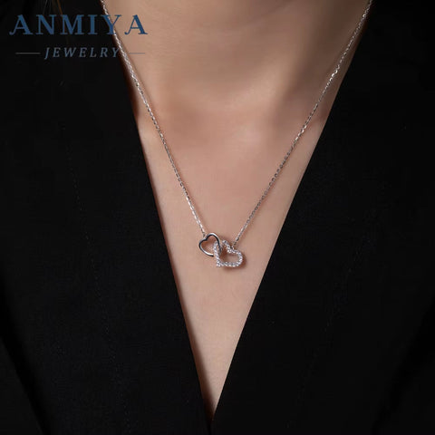 ANMIYA Women'S Wedding Necklace 925 Sterling Silver Heart-Shaped Pendant with Zircon Diamond 18K Gold Chains Jewelry