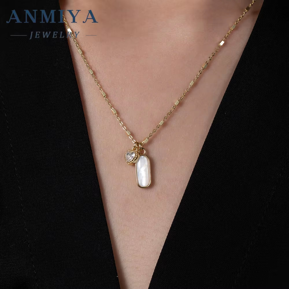 ANMIYA Rectangle White Shell Heart Pink Zircon 925 Silver Valentine'S Day Gift Charm Necklace for Women