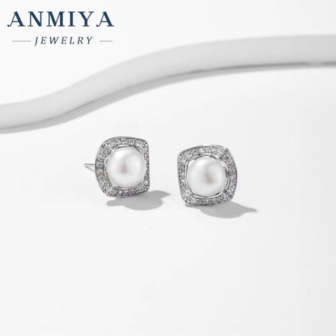 925 Silver Dainty Sterling Silver Vintage Square Big Pearl Earrings for Women