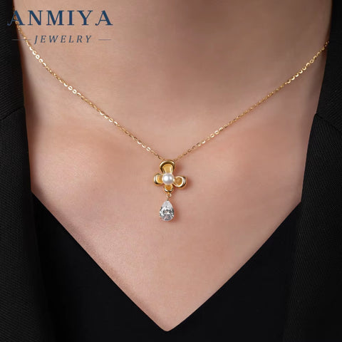Elegant New Trendy Women'S 925 Sterling Silver Jewelry Set Zircon Gold Flower Earrings and Pearl Necklace