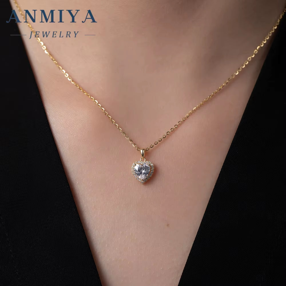 ANMIYA Simple 925 Sterling Silver Heart Zircon Pendant Jewelry European and American Women'S Love Necklace