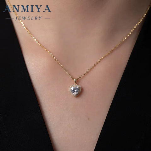ANMIYA Simple 925 Sterling Silver Heart Zircon Pendant Jewelry European and American Women'S Love Necklace