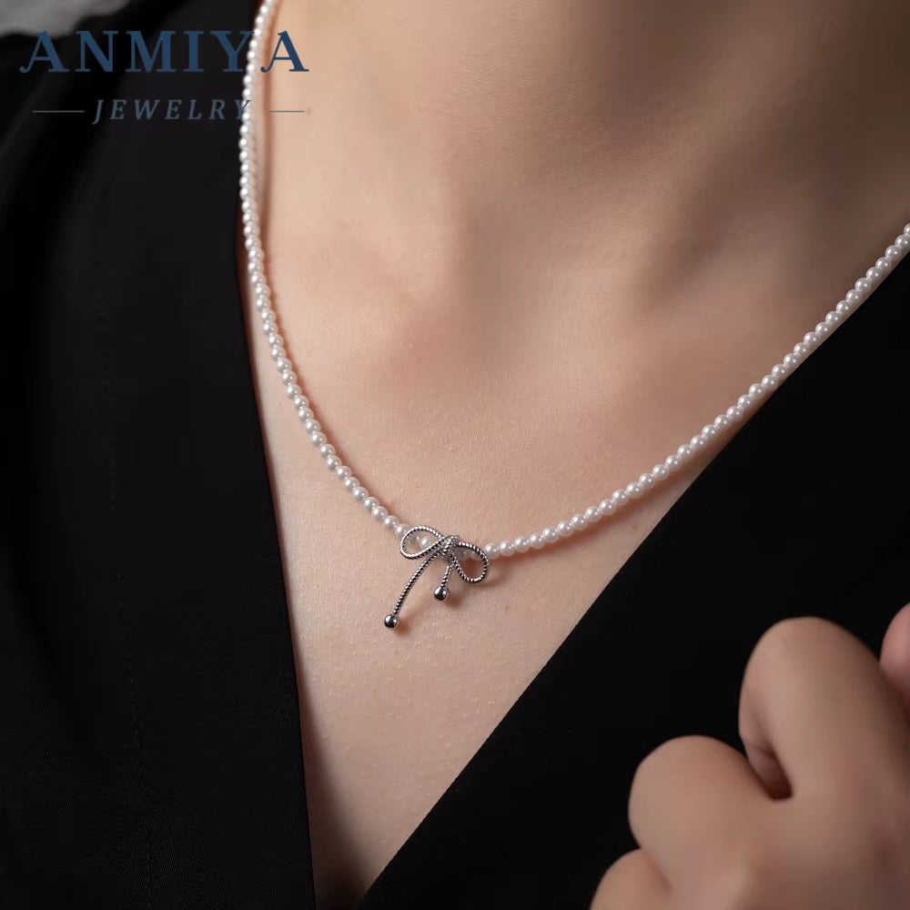 ANMIYA 18K Gold Plated Fashion Charms Choker 925 Silver Baroque Beaded Butterfly Bow Bead Jewelry Pearl Necklaces for Women