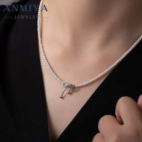 ANMIYA 18K Gold Plated Fashion Charms Choker 925 Silver Baroque Beaded Butterfly Bow Bead Jewelry Pearl Necklaces for Women