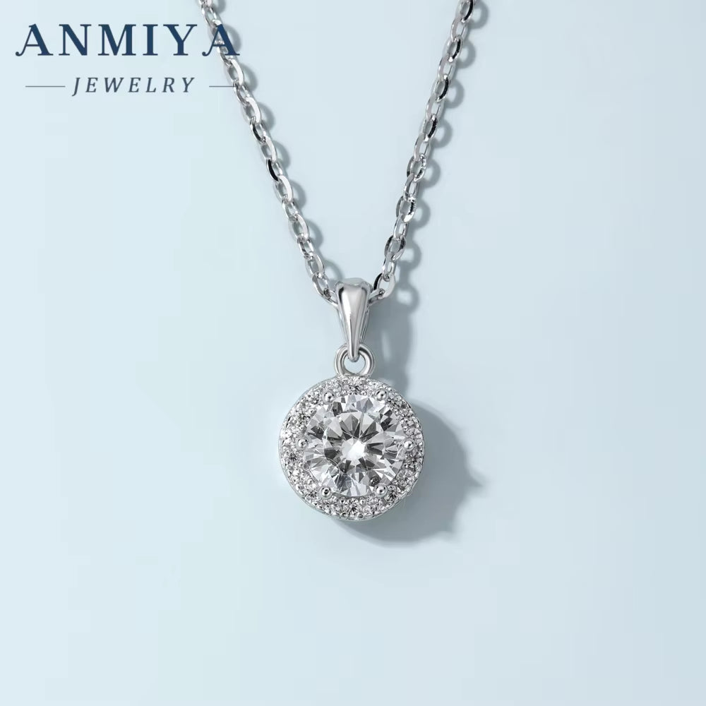 ANMIYA Gemstone Pendant 925 Sterling Silver round Tiny CZ Paved Pendant Women'S Necklace Jewelry