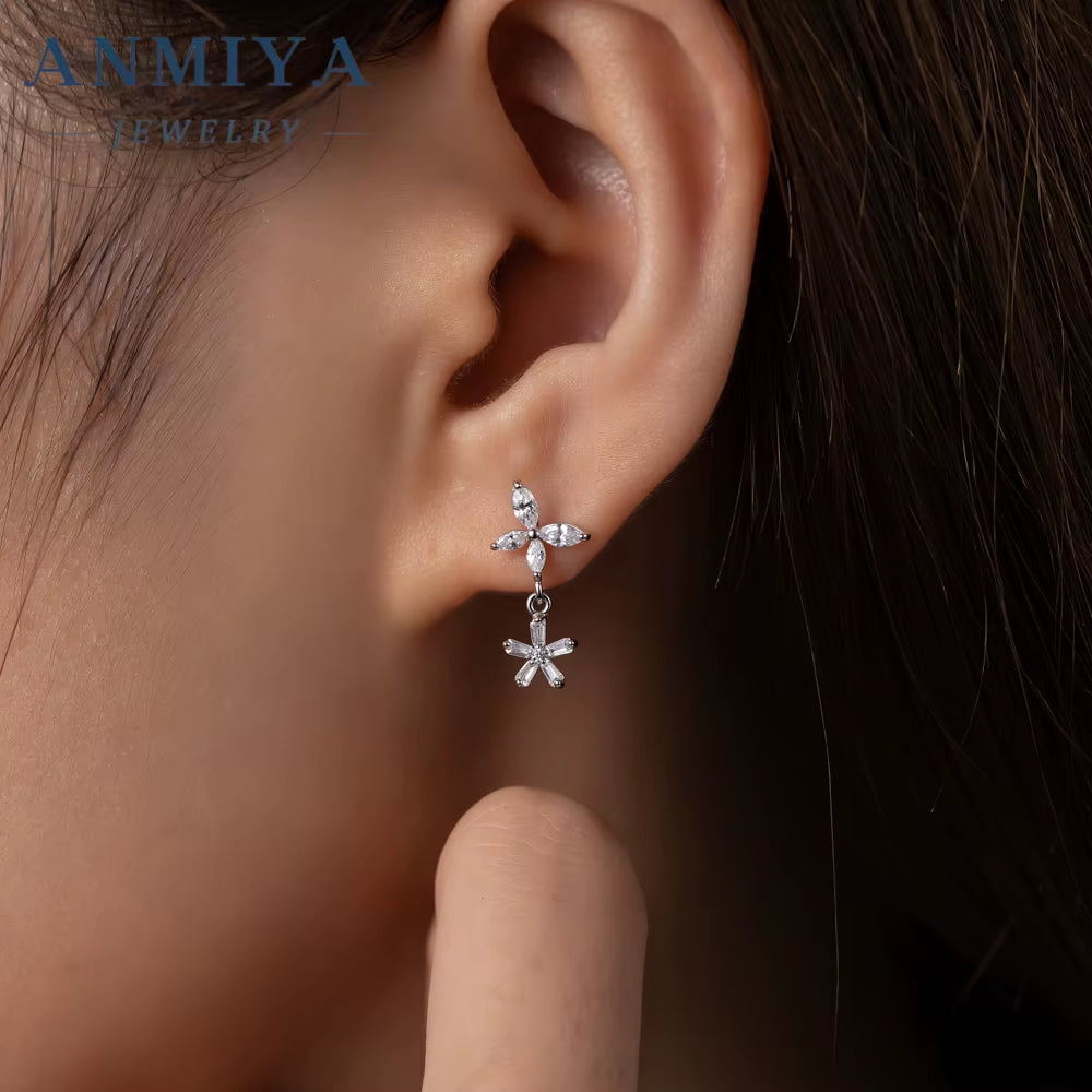 Hot Sale 925 Sterling Silver Four-Leaf Clover Flower Zircon Stud Earrings for Women Zircon Drop Earrings Jewelry