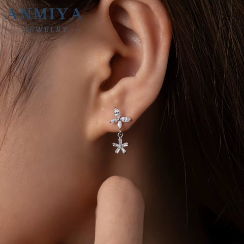 Hot Sale 925 Sterling Silver Four-Leaf Clover Flower Zircon Stud Earrings for Women Zircon Drop Earrings Jewelry