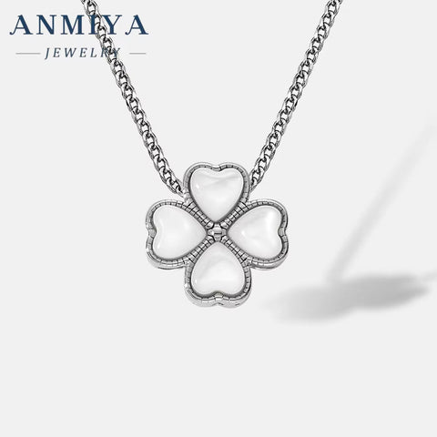 ANMIYA Jewelry New Trendy White Shell Four Leaf Clover 925 Sterling Fashion Jewelry Necklace for Women