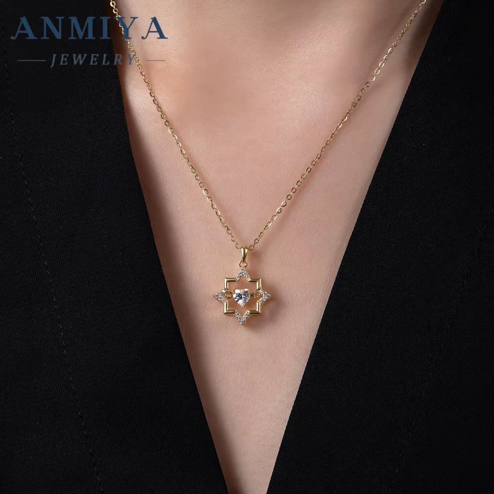 ANMIYA 925 Silver 18K Gold Plated Trendy Hollow Star with Zircon Heart Necklace Valentine'S Day Gift