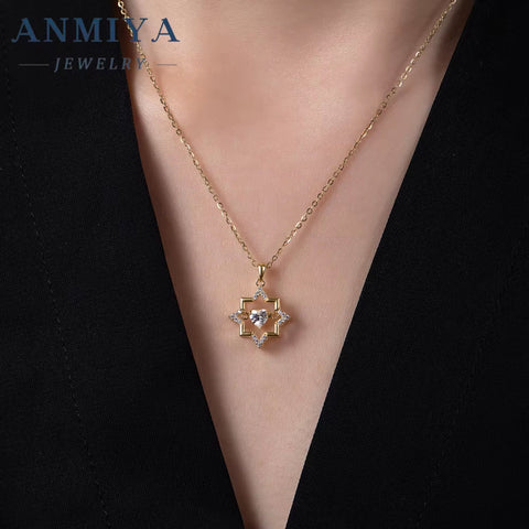 ANMIYA 925 Silver 18K Gold Plated Trendy Hollow Star with Zircon Heart Necklace Valentine'S Day Gift