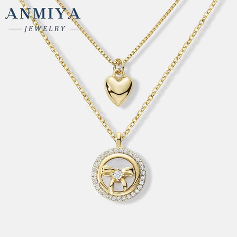 ANMIYA Unisex Accessory Jewelry Sterling 925 Multi-Layered 18K Gold Heart Zircon round Shape Trendy Necklace for Women