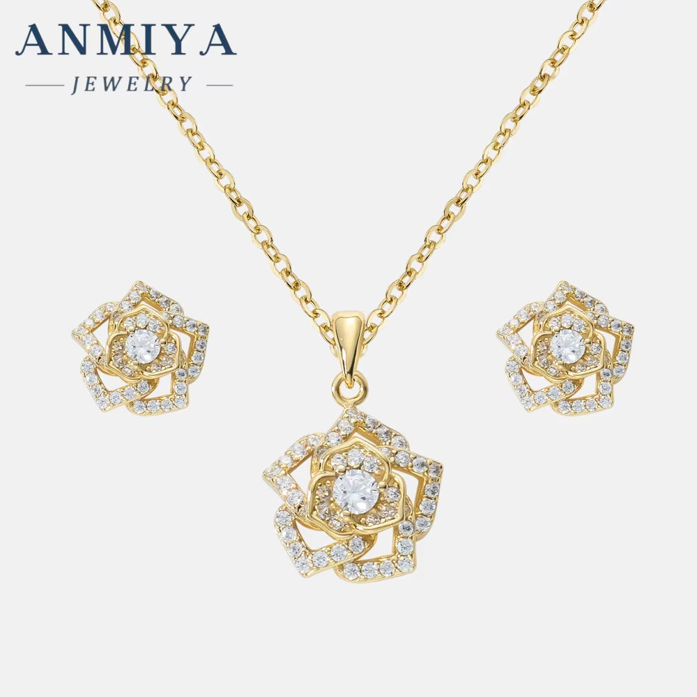 Women White or Rose Gold Plated White Zircon Roses Flowers S925 Necklace and Earrings Set Dubai Gold Jewelry Set