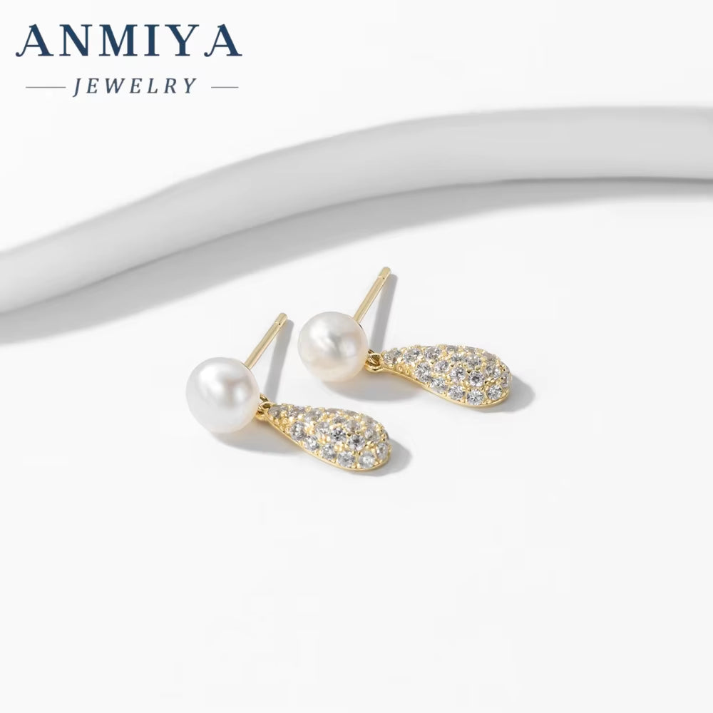 Fine Jewelry 925 Sterling Silver 18K Gold Plated Earrings Fresh Water Pearl Zircon Ear Earrings