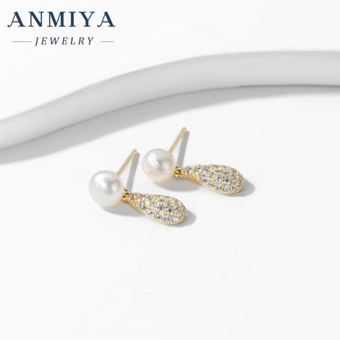 Fine Jewelry 925 Sterling Silver 18K Gold Plated Earrings Fresh Water Pearl Zircon Ear Earrings