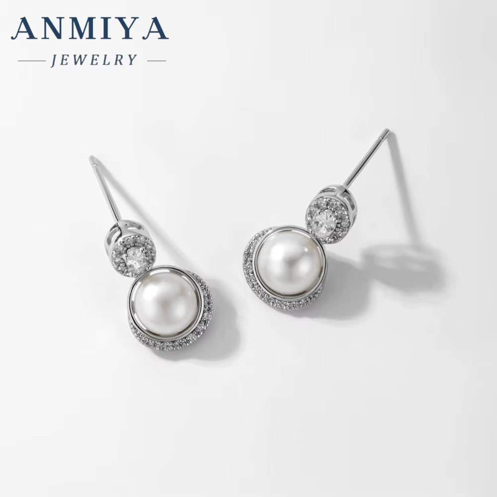 ANMIYA New Tide Water Drop Zircon Stone Pearl Fresh Water 925 Silver Girls Stud Earrings for Women Bridal