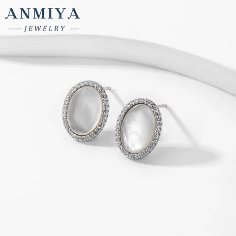 ANMIYA Fashion Jewelry Ellipse White Shell Stud 925 Sterling Silver Stud Earrings for Women Accessories