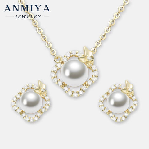 INS Trendy Fashion Four Leaf Clover Freshwater Pearl Necklace Earrings Set Stylish 925 Sterling Silver Jewelry Accessory Girls