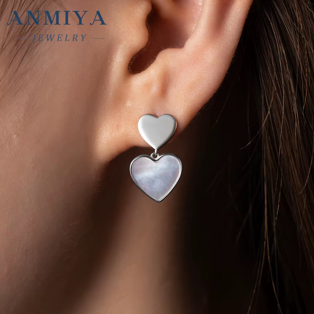 ANMIYA S925 Sterling Silver Korean Style White Shell Earrings 18K Gold Rose Gold Heart Shape Fashion Jewelry Earrings for Women