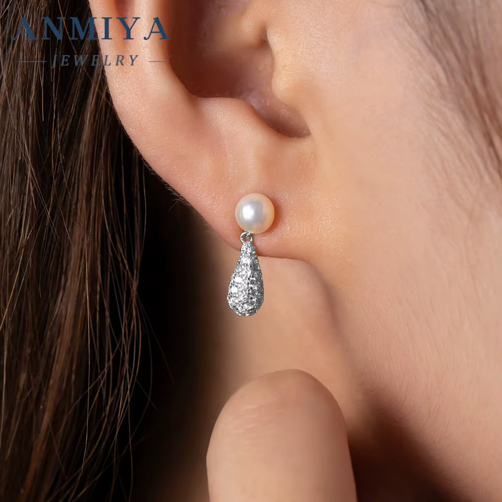 Women Fine Jewelry 925 Sterling Silver Earrings Fresh Water Pearl Zircon Drop Shape Ear Earrings Waterproof