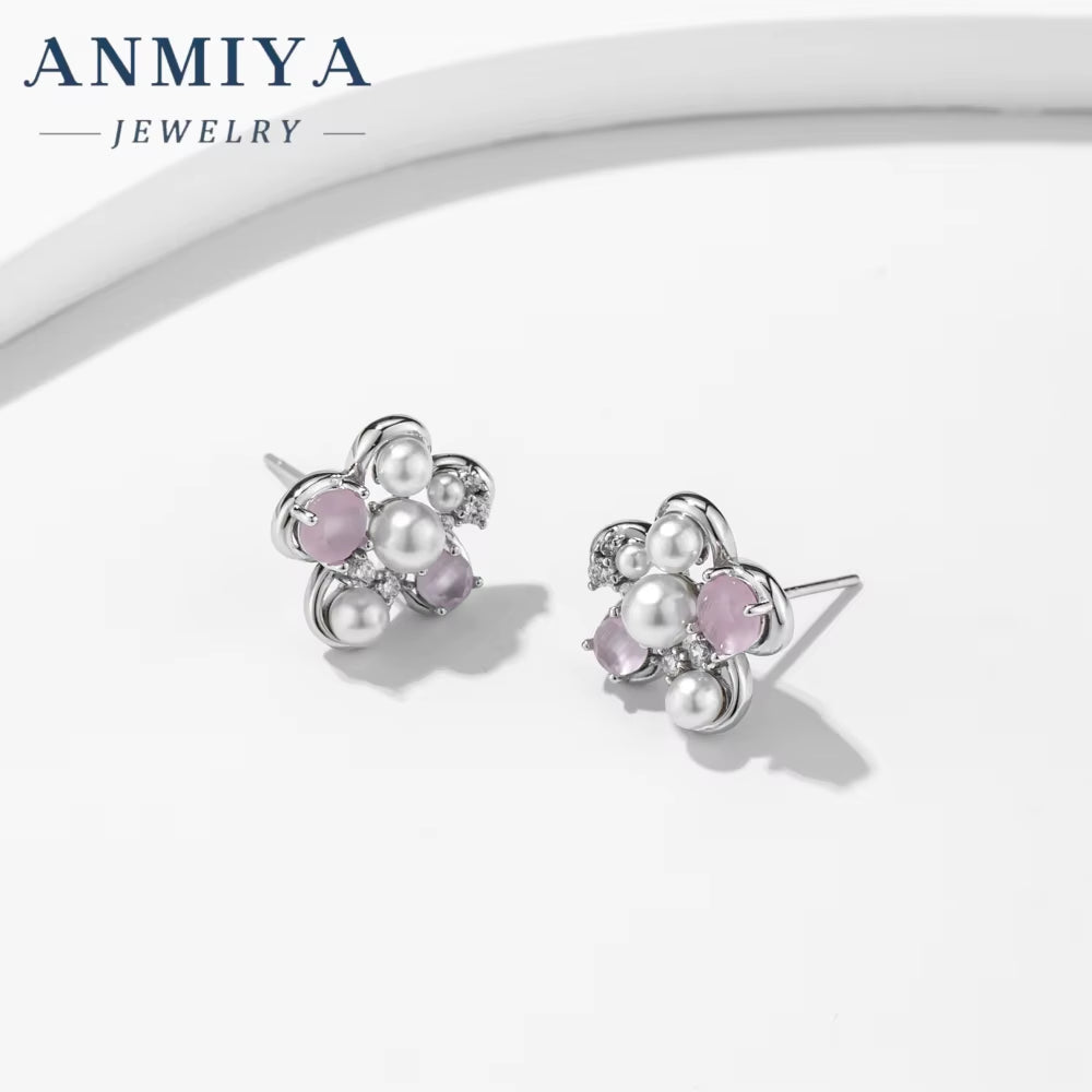 ANMIYA 925 Sterling Silver Zircon Pearl Flower Stud Earrings Cute Studs Rhodium Plated Fine Jewelry for Girl