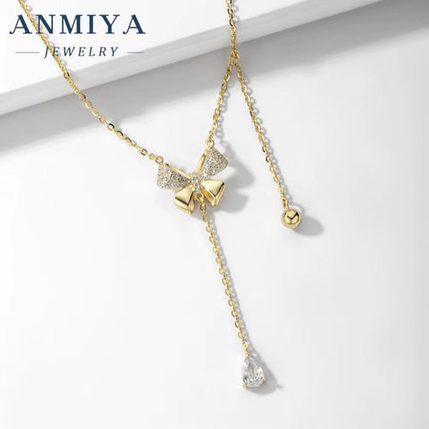 ANMIYA INS Butterfly Pendant Necklace 925 Silver Zircon Crystal Tassel Elegant Butterfly Necklaces for Women Girls