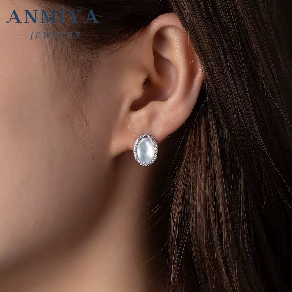 ANMIYA Fine Jewelry Earrings Vintage Classic 925 Silver Ellipsoid Fresh Water Pearls Stud Earrings