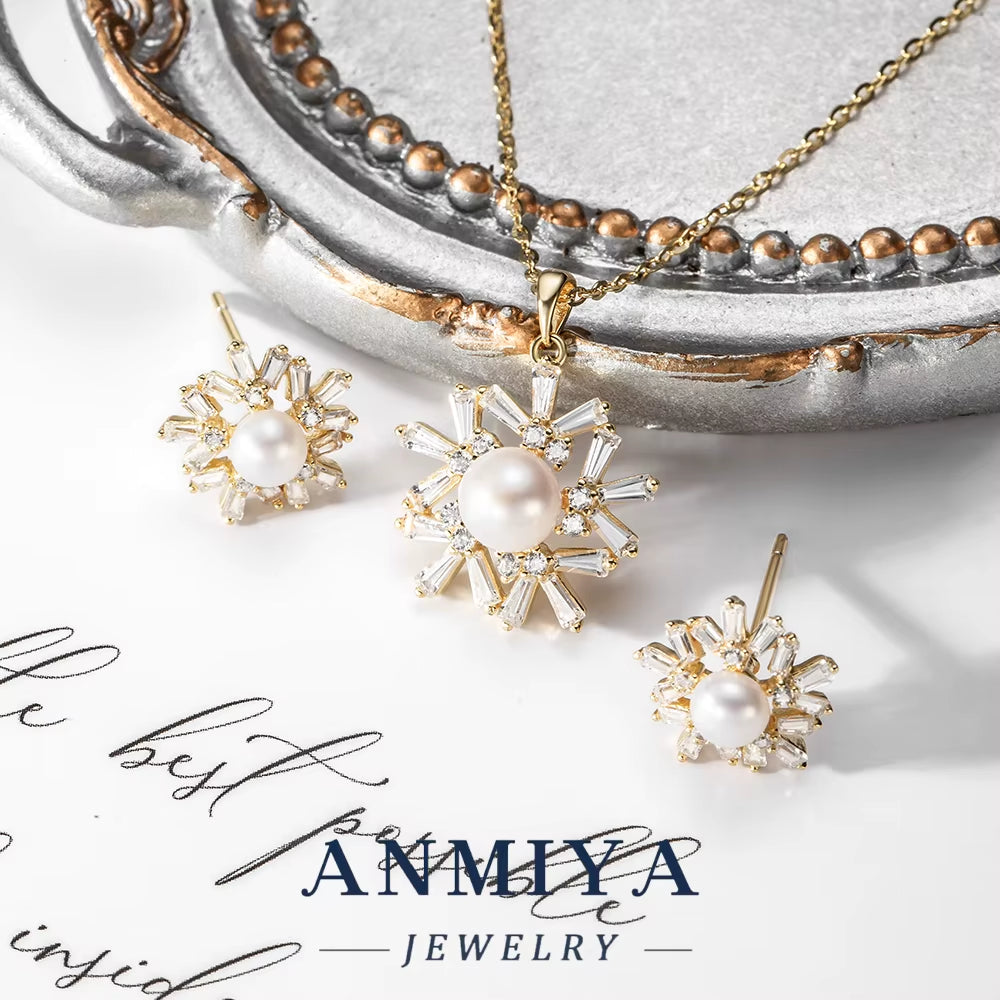 Customizable Silver 925 Jewelry Snowflake Shape Centered Pearl Inlay Necklace & Earrings Engraving Service for Gifts
