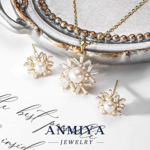 Customizable Silver 925 Jewelry Snowflake Shape Centered Pearl Inlay Necklace & Earrings Engraving Service for Gifts