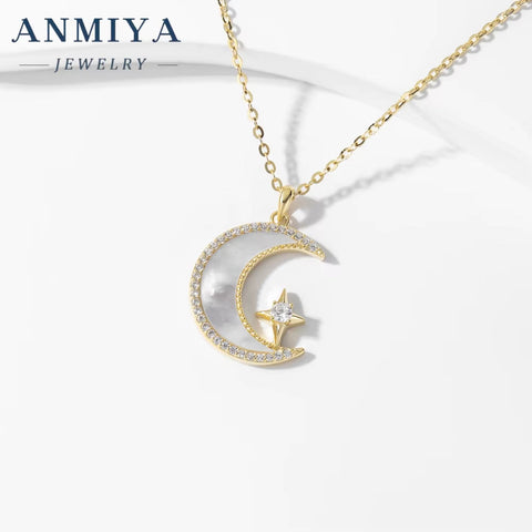 Fine Moon Shape Pendant White Shell Gold Plated Necklace Fashion 925 Silver Jewelry for Women Wholesale