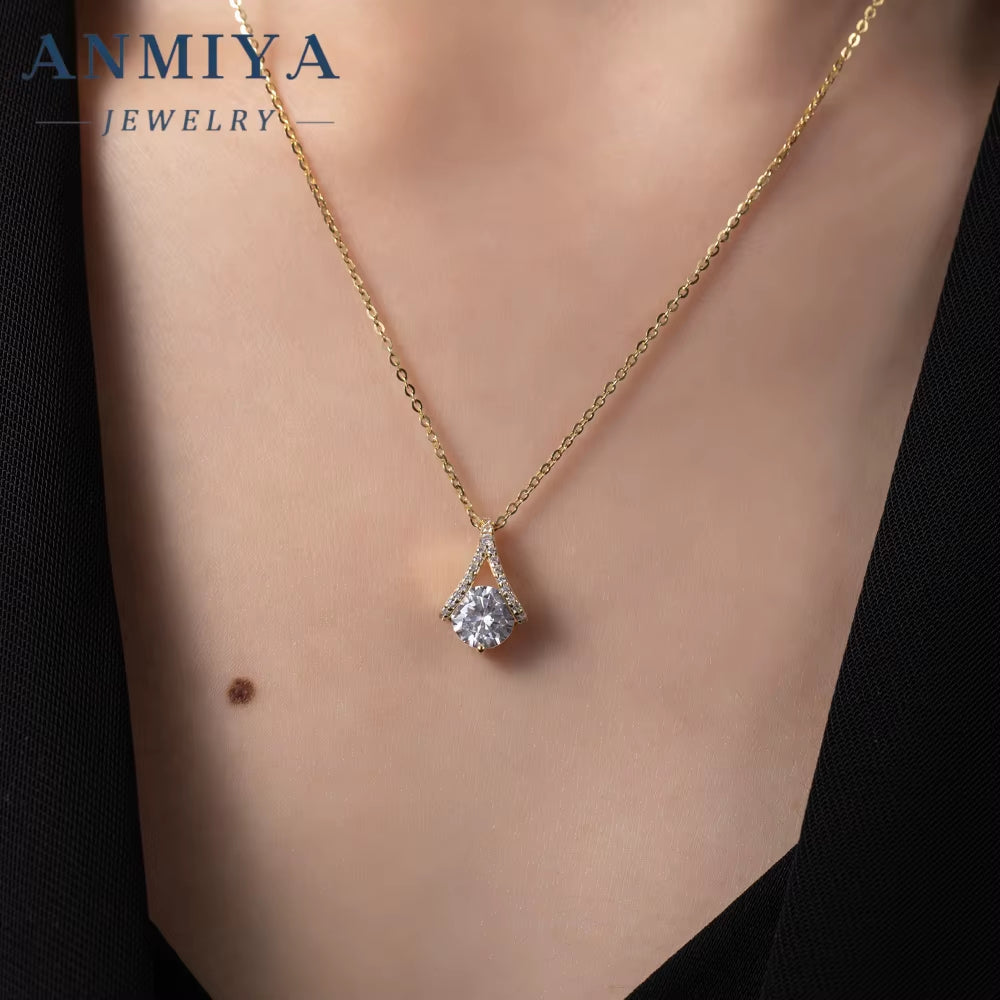 ANMIYA 925 Sterling Silver 18K Gold Pendant High Quality Wedding Jewelry Gift Women Trendy Zircon Parties Engagements Necklace